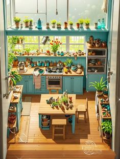 an overhead view of a kitchen with lots of potted plants on the windowsill