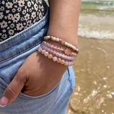 Beautiful stackable set with a touch of pink. Crystal and stone, goes with everything. Dress it up and look fabulous, even at the beach! Gorgeous Bracelet, Pink Stone, Pink Crystal, Stone Bracelet, So Pretty, Bracelet Set, At The Beach