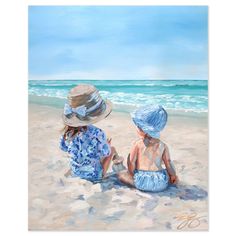 My original painting of a sister and brother sitting on the beach is reproduced as a fine art print on paper. They're dressed in blue floral and stripe swimsuits with adorable beach hats. I love the sunlight and shadows of this scene.This print will ship rolled in a tube and will need to be gently flattened and framed. Beach Babies, Board Collage, Sister And Brother, Accent Art, French Country Garden, Cowgirl Art, Beach Hats, Childrens Rugs