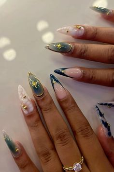 Stiletto Nails Blue, Blue Gold Nails, Blue Stiletto Nails, Gold French Tip, Star Nail Designs, Bedroom Wall Decoration, Wall Decoration Ideas, December Nails, Gold Nail Designs