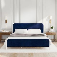 Tallulah Upholstered Platform Bed – The Novogratz Blue Upholstered Bed, Upholstered Platform Bed King, Upholstered Platform Bed Queen, Blue Headboard, Tall Headboard, Sherpa Fabric, Mattress Support, Plastic Caps, Blue Bedding