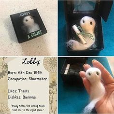 a hand holding a small white stuffed animal in a black box with the words lolly on it