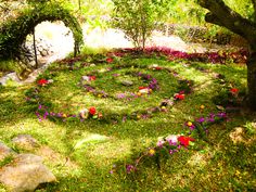 a circular garden with flowers and rocks in the grass