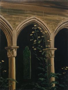 an oil painting of flowers growing out of the window sill in a gothic - style building