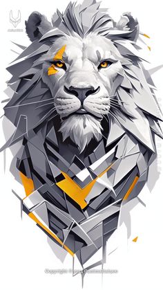 a lion's head with yellow eyes and an abstract design on the front of it