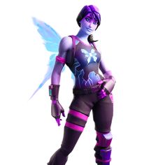 an animated character with purple hair and wings on her chest, standing in front of a white background