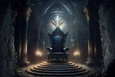 a throne in the middle of a dark room with stairs leading up to an entrance