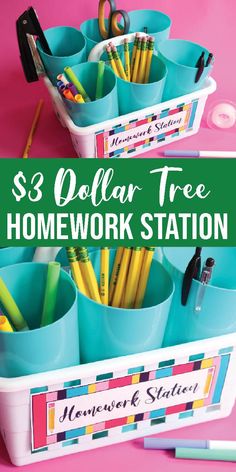 dollar tree homework station with pencils, markers and pens in it on a pink background