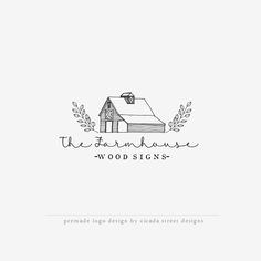 the farmhouse wood signs logo is shown in black and white, with an image of a barn