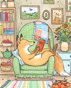 a drawing of a dog sitting in a chair reading a book