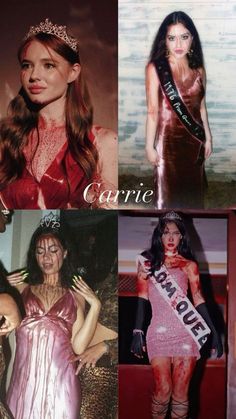 four different pictures of women dressed up in costumes and hair, one is wearing a tiara