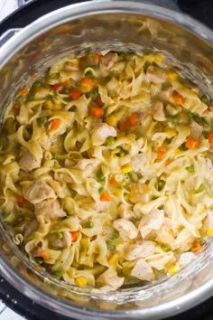 a pot filled with chicken noodle soup on top of a stove