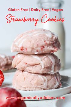 three strawberry cookies stacked on top of each other with the words gluten free dairy free vegan strawberry cookies