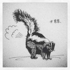 a black and white drawing of a skiky squirrel with its tail blowing in the wind