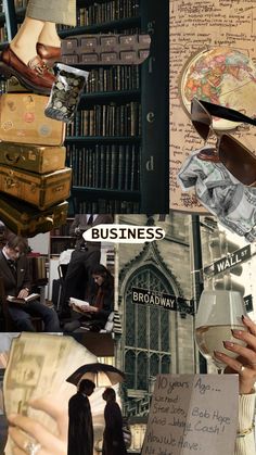 a collage of photos with people, books and other things in them that include the words business