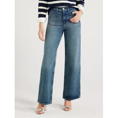 Free Assembly combines contemporary style with 70s vibes to create the most comfortable, figure-flattering jeans. These Wide-Leg Jeans feature patch pockets and a button-zip closure for an all-out vintage inspired look. Destined to become your favorite denim from the relaxed boyfriend fit to the trendy wider-leg silhouette, these jeans are a harmonious mix of style and comfort. Only at Walmart. Size: 18.  Color: Blue.  Gender: female.  Age Group: adult. Fall Fasion, Women High Waist Pants, Womens Boyfriend Jeans, Review Clothing, Flattering Jeans, 70s Vibes, Pocket Sweater, Business Pants, Lightweight Pants