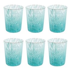 six blue glass tumblers sitting next to each other