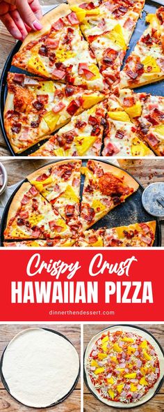 several different types of pizzas on pans with the words crispy crust hawaiian pizza