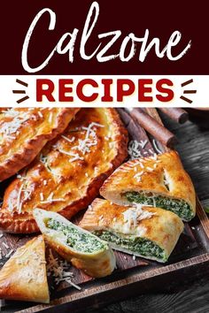 some food is sitting on a cutting board with the words calzonee recipes above it