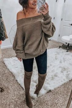 Off Shoulder Puff Sleeve, Shoulder Puff Sleeve, Puff Sleeve Sweater, School Looks, Cute Fall Outfits, Ripped Denim, Fall Fashion Outfits, Casual Fall Outfits, Denim Jumpsuit