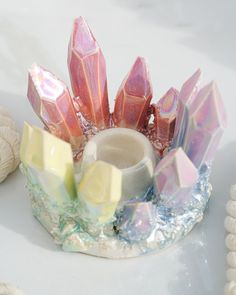 Aura Rainbow Crystal Candle Holder | Etsy Denmark Gemstone Centerpieces, Crystal Ceramics, Candles Display, Aura Rainbow, Resin Geodes, Resin Trays, Pinterest Room, Random Products, Fav Products