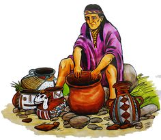 a drawing of a native american woman sitting on the ground with her pot and other items