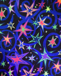 colorful stars and swirls on black background