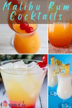 four different cocktails are shown in this collage with the words, tropical rum cocktails