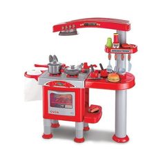 a toy stove and oven set in red with white trimmings on the top