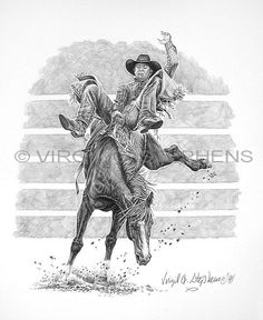 a pencil drawing of a cowboy riding a bucking bronco on the back of a horse