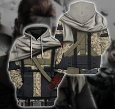 a person wearing a hoodie with an image of a man in camouflage on it