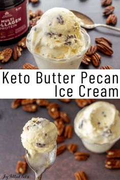 keto butter pecan ice cream with pecans around it and on the side