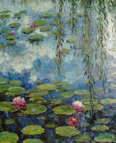 a painting of water lilies and willows on a pond with green leaves in the foreground