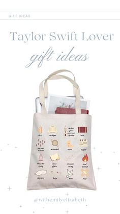 the taylor swift lover gift bag is shown in white and features images of items on it