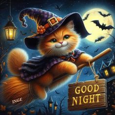 a painting of a cat wearing a witches hat and holding a sign that says good night