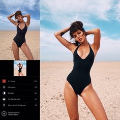 a woman in a black one piece swimsuit posing on the beach