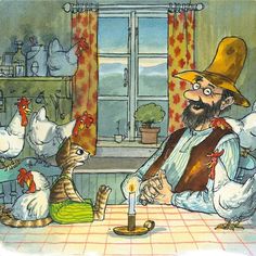 a man sitting at a table with chickens and a candle in front of him on the floor