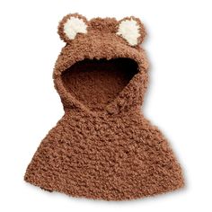 a brown teddy bear hoodie with ears on it's head and eyes open