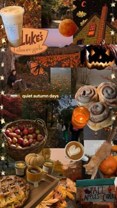 a collage of pumpkins, apples and other autumn foods