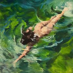 an oil painting of a person swimming in the water with green algaes on it