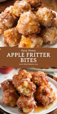 apple fritter bites on a plate with caramel sauce