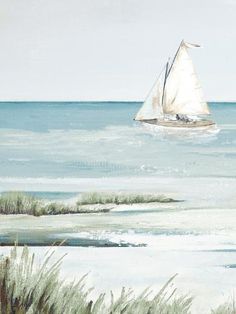 a painting of a sailboat floating in the ocean with grass and sand around it