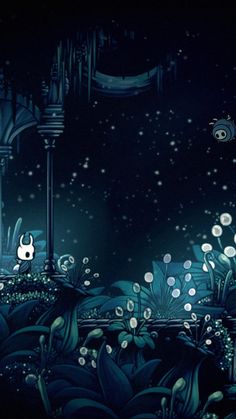 an animated scene with plants and animals in the dark night sky, as well as other things