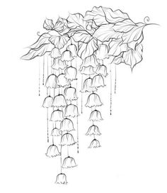 a drawing of flowers hanging from the ceiling with raindrops on it's leaves