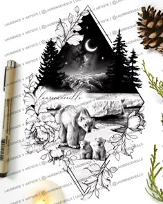 the bear and cub are depicted in this graphic art piece, which includes pine cones