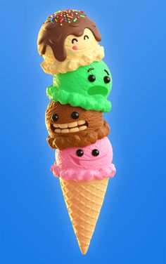 an ice cream cone with five different flavores on it's top and bottom