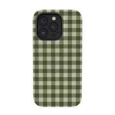 an iphone case with a green and white checkered pattern