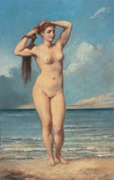 a painting of a naked woman standing on the beach with her hair blowing in the wind