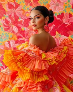 a woman in an orange and yellow frilly dress with large earrings on her head