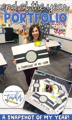 a woman holding up a sign that says, end of the year portolo and snapshot of my year